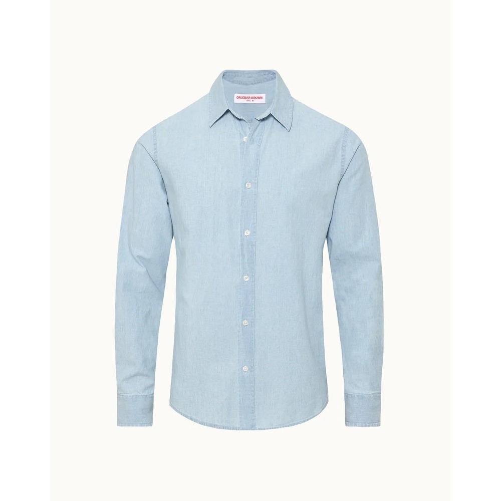 Orlebar Brown Giles Chambray Shirt Mens L Blue Denim Long Sleeve Button Down